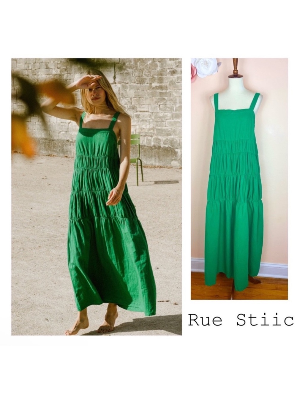 New! Rue Stiic Elsa Linen Tiered Flowy Summer Maxi Dress in French Green - Picture 4 of 13